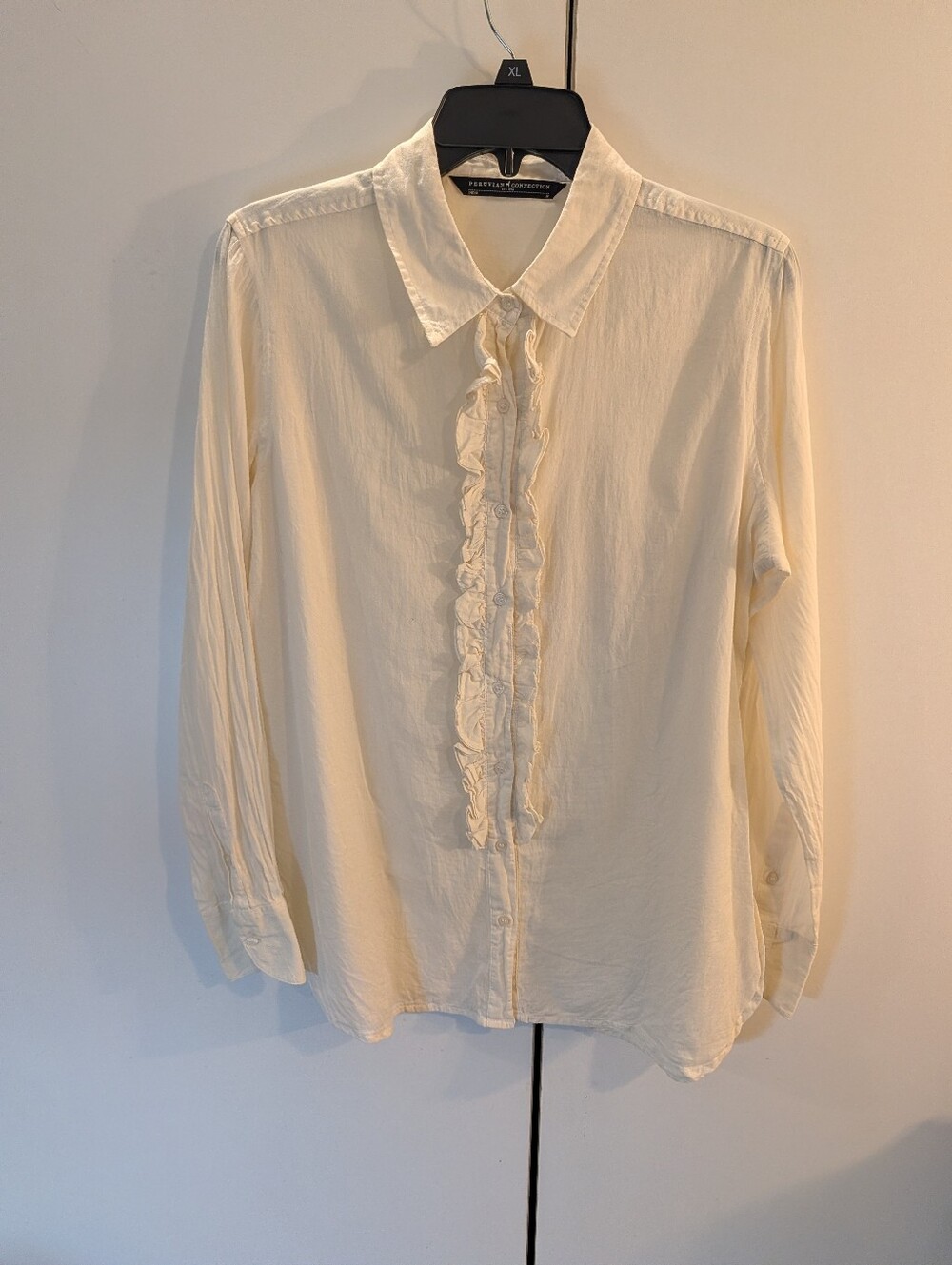 Peruvian Connection Woman's Medium Cream Ruffle Front Button-Down Blouse